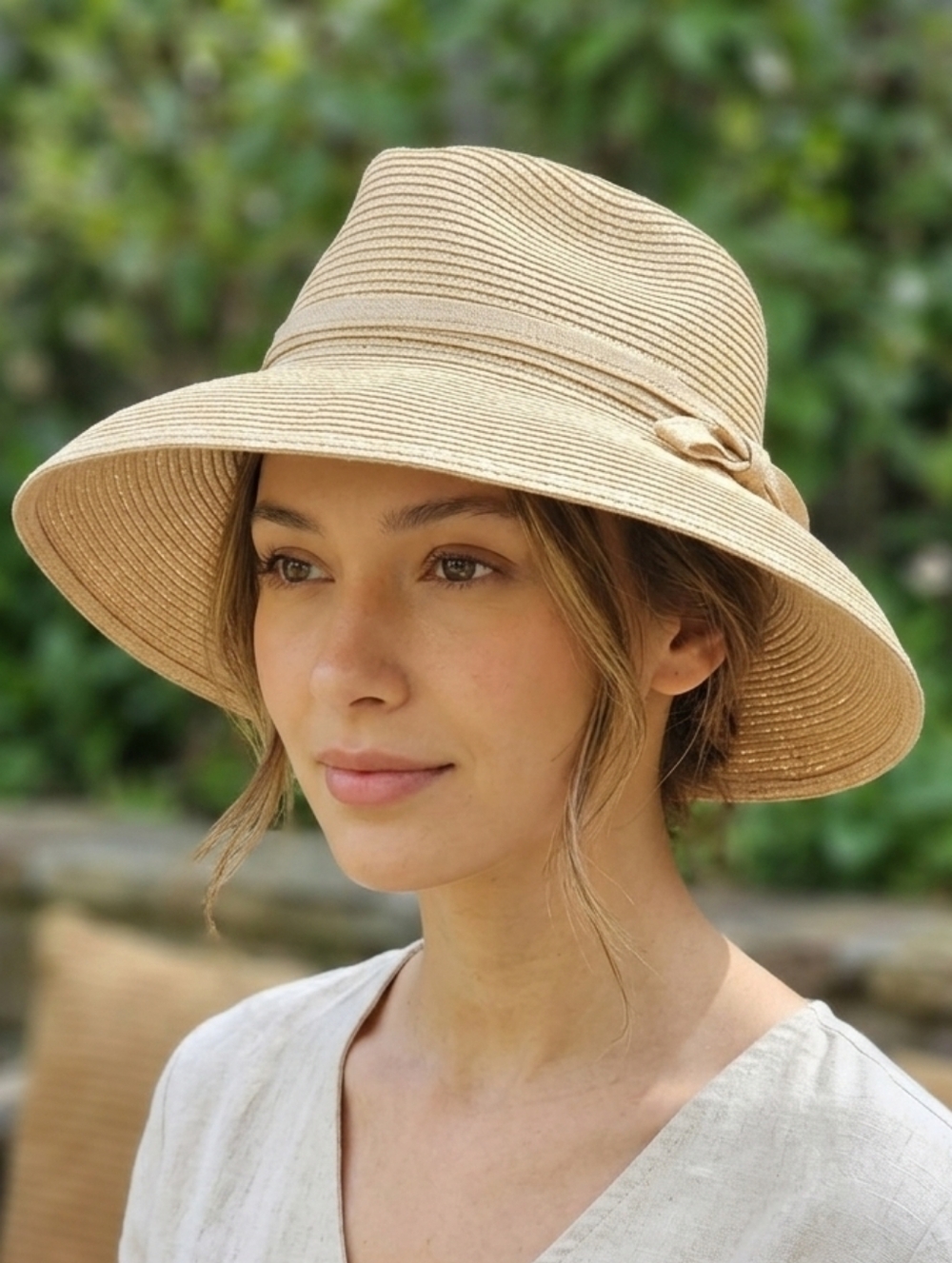 Straw Sun Hat with Ribbon Detail - Beige